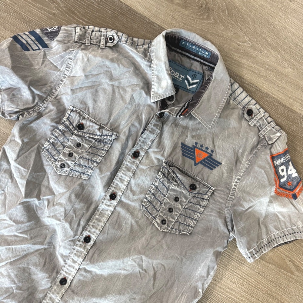 Y2K Roar Button Up Shirt Mens L Gray Aviation After Burner JR Embroidered Patch